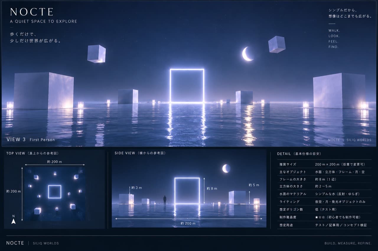 NOCTEの完成イメージ。水面、浮遊する立方体、発光するフレームと月を配置した参考画像