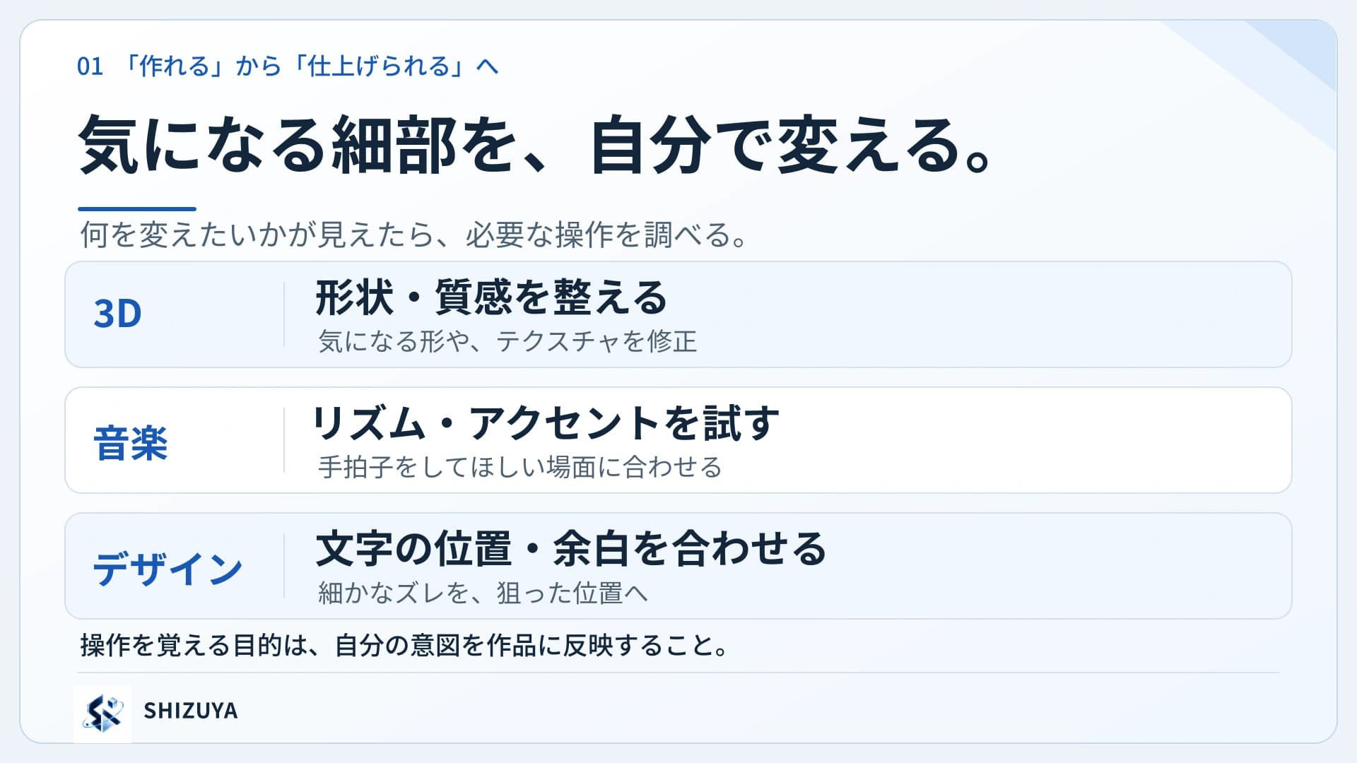 形状・音・文字など、仕上げたい部分を具体的に選ぶ